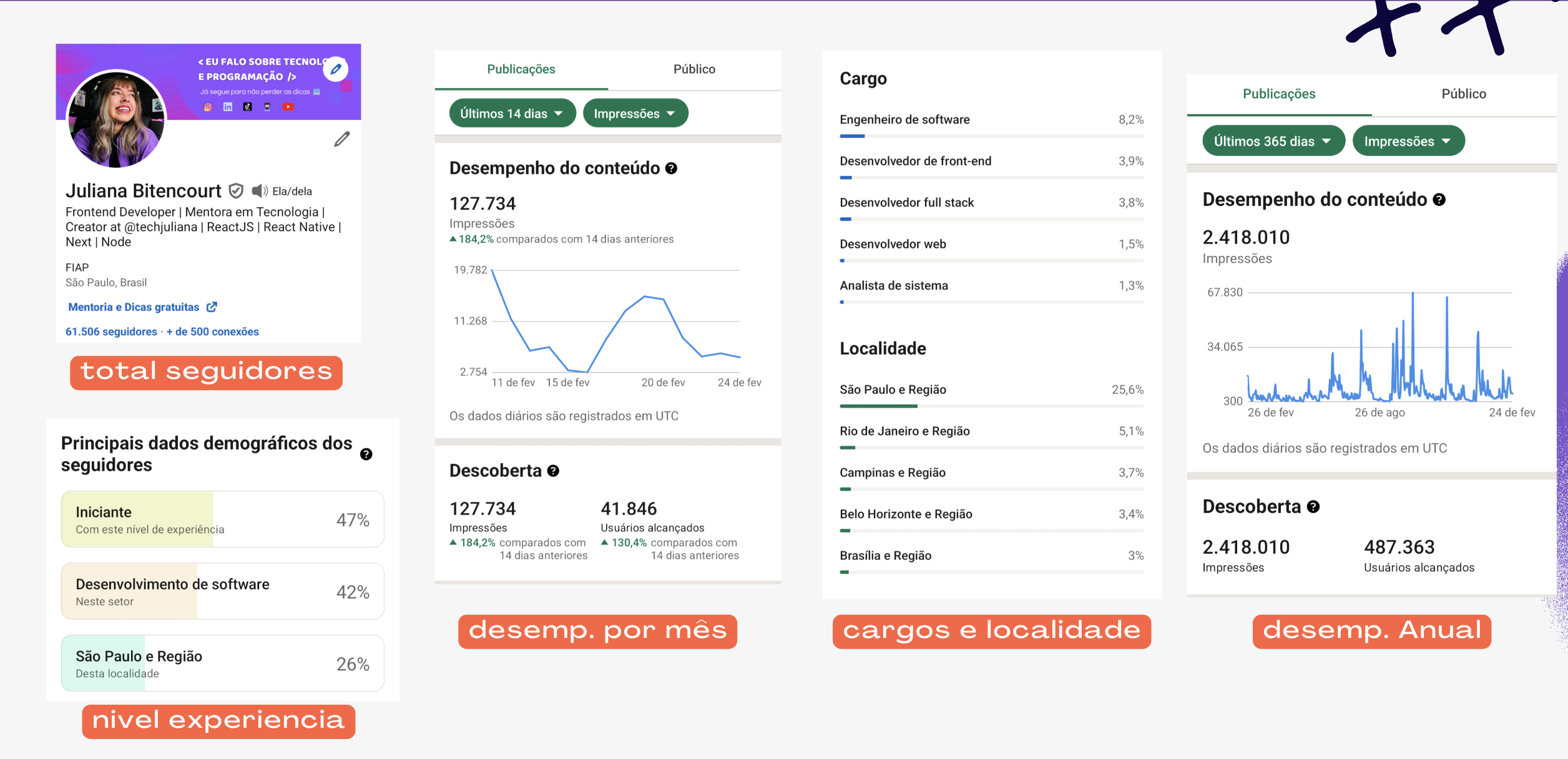 Dados de desempenho do LinkedIn de Juliana Bitencourt